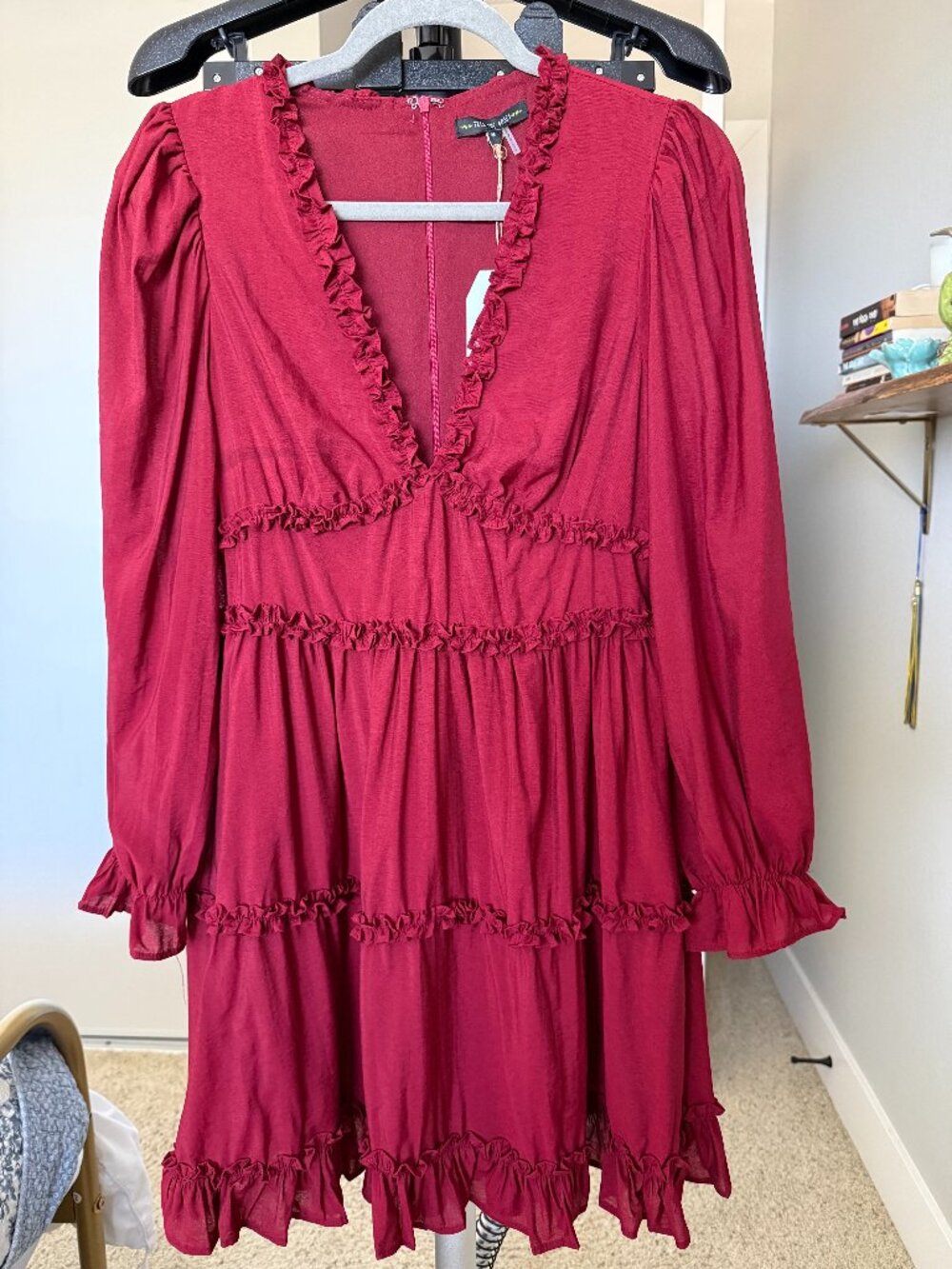 Free The Roses Burgundy Ruffle Mini Dress Size M NWT Long Sleeve V Neck